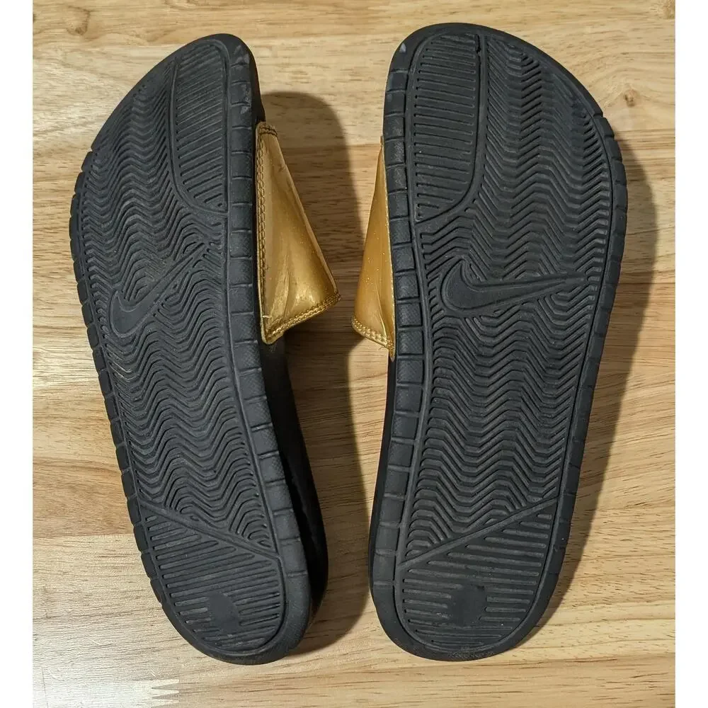 Nike Benassi JDI Slide Sandals Womens 8 Gold Glitter Logo Comfort Slip On
